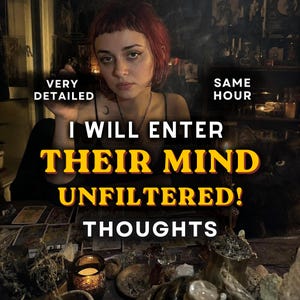 May include: A person with short red hair sits behind a table with tarot cards, a black cat, and candles. Text reads: VERY DETAILED, SAME HOUR, I WILL ENTER THEIR MIND UNFILTERED! THOUGHTS. The scene is dimly lit with a dark, moody atmosphere.