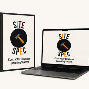 May include: A black-bound book titled SITE & SPEC Contractor Business Operating System next to an open laptop displaying the same logo and text. The logo features a black circle with a hammer icon, with the word SITE in black and SPEC in orange.