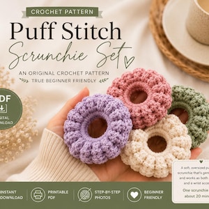 Puff Stitch Scrunchie Crochet PDF Pattern Set Oversized Hair Tie Beginner Quick Digital Download