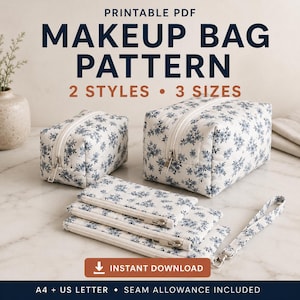 May include: A printable PDF makeup bag pattern featuring two styles and three sizes. The image displays two rectangular zippered pouches and two flat zippered pouches with a white and blue floral print, including a wrist strap and zipper hardware.