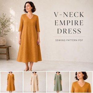 Può includere: Un abito stile impero color giallo senape con scollo a V, maniche a tre quarti e gonna svasata. È presente il testo V-NECK EMPIRE DRESS SEWING PATTERN PDF. Ulteriori miniature mostrano l'abito nei colori senape, beige e verde salvia.