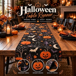 Halloween-bordslöpare sömnadsmönster PDF, enkel höstbordsdekoration, pumpa svart kattlöpare, A0 A4 US Letter nedladdning