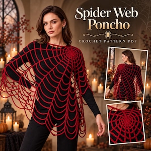 May include: A red crochet spider web poncho worn over a black long-sleeve shirt and black pants. The text reads Spider Web Poncho and CROCHET PATTERN PDF. Two smaller inset images show the back view and a close-up of the web pattern design.