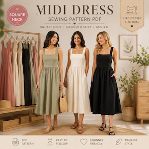 Square Neck Midi Dress Sewing Pattern, Gathered Skirt Sundress (PDF)