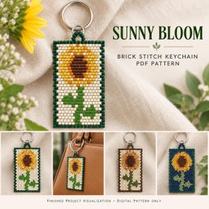May include: A rectangular brick stitch keychain featuring a sunflower design with yellow, brown, and green beads on a cream background. The text SUNNY BLOOM BRICK STITCH KEYCHAIN PDF PATTERN is visible. The keychain has a silver metal ring.