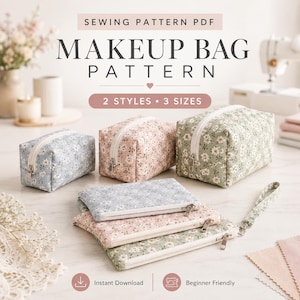 Makeup bag sewing pattern, 2 styles, 3 sizes, Quilted toiletry bag
