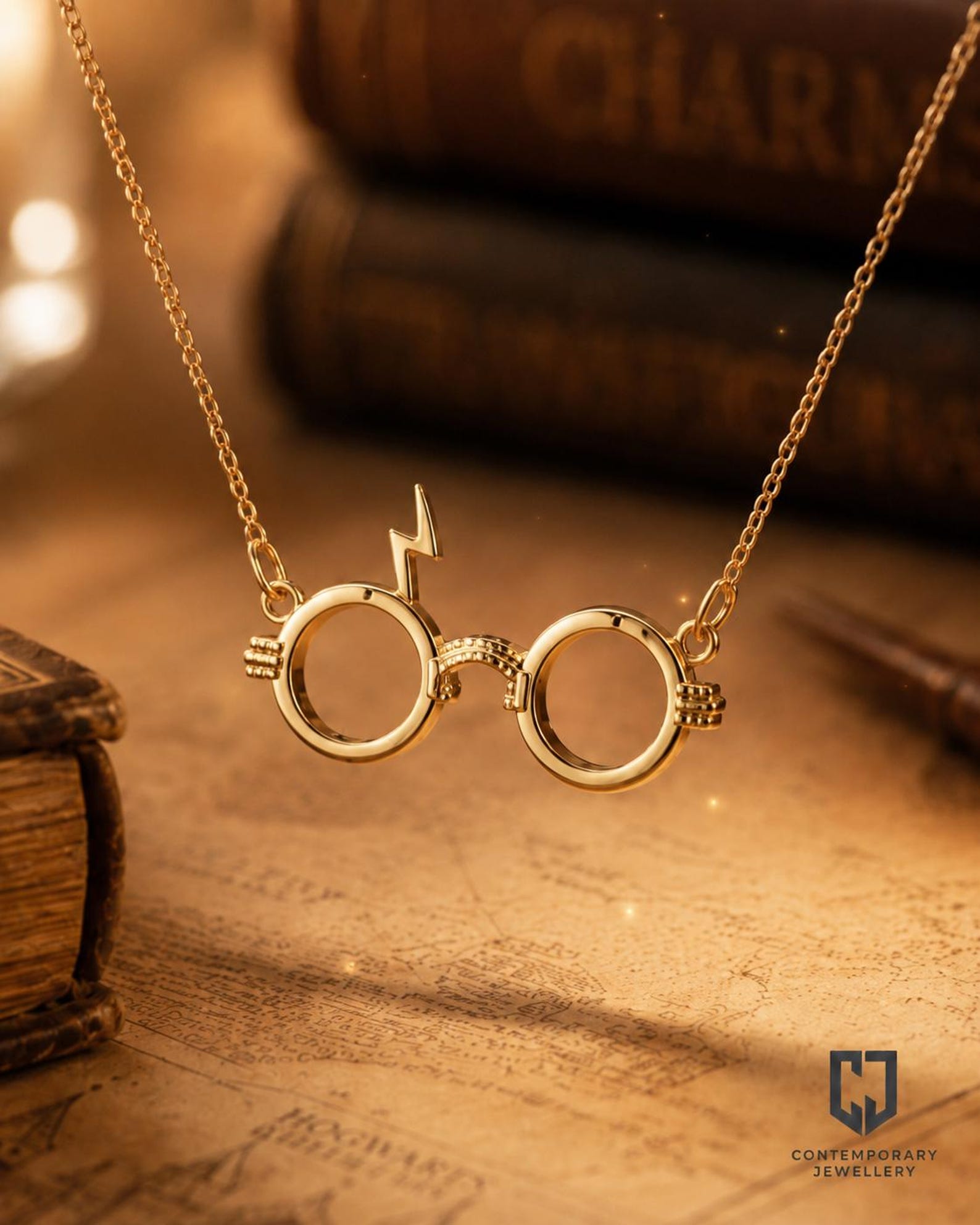 Harry Potter Glasses Necklace – Solid 14K & 18K Yellow Gold Pendant, Wizard Glasses Necklace, Magical Jewelry, Gift for Her