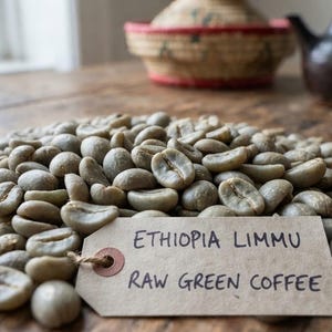 May include: A pile of unroasted, pale green coffee beans with a tan paper tag attached by a string. The tag features the handwritten text: ETHIOPIA LIMMU RAW GREEN COFFEE. The beans are oval-shaped with a distinct centre crease on each surface.