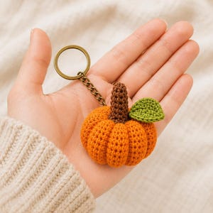 Schema per portachiavi a forma di zucca all'uncinetto, mini amigurumi in PDF con istruzioni per gambo e foglia