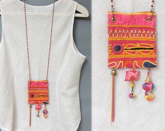 Fabric Necklace Long Beaded Necklace, Unusual Necklace, Pink Necklace, Gypsy Necklace, Boho Necklace, Hippie Style, Festival Jewelry, OOAK