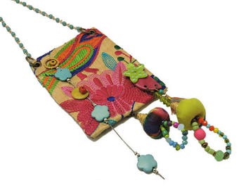 Colorful Charm Necklace, Boho Necklace, Hippie Style, Festival Jewelry, Fabric Necklace, Embroidered Necklace, Long Beaded Necklace, OOAK