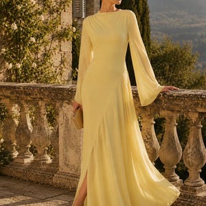 long sleeve yellow wedding guest dress Msjuheg Wedding Guest Dresses For Women Yellow Dress Womens Deep V Neck Plus Size Evening Dress Long Sleeves With Belt Women'S Formal Dresses Yellow
