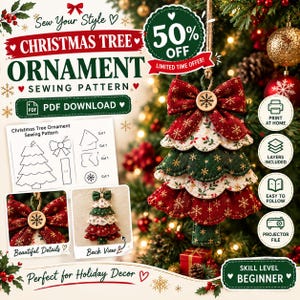 May include: A digital sewing pattern for a layered Christmas tree ornament. The design features red and green fabric tiers with gold snowflake patterns, topped with a fabric bow and a wooden button. Includes PDF, print, and projector files.