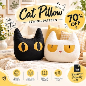 Beginner Cat Pillow Sewing Pattern, DIY Stuffed Animal Cushion (PDF Download)