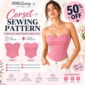Denim Corset Sewing Pattern | Strapless Sweetheart Corset PDF, Instant Download