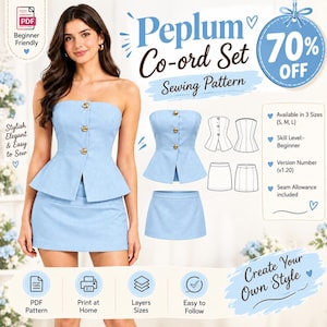 May include: A light blue strapless peplum top with three gold buttons and a matching mini skirt. The sewing pattern includes text: Peplum Co-ord Set, 70% OFF, Beginner Friendly, Available in 3 Sizes, Skill Level: Beginner, Version Number (v1.20).