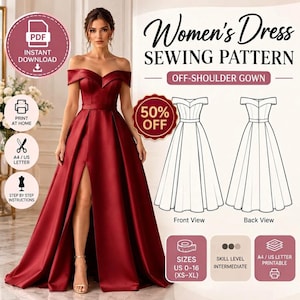May include: A digital sewing pattern for an off-shoulder gown, featuring a deep red satin dress with a front slit. The graphic includes text reading Women's Dress SEWING PATTERN, 50% OFF, and diagrams showing front and back views of the gown design.
