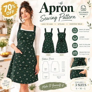 May include: A dark green apron with a white floral pattern, featuring a square neckline, wide shoulder straps, and a large front pocket. The digital sewing pattern includes diagrams for front and back views, pattern pieces, and instructions.