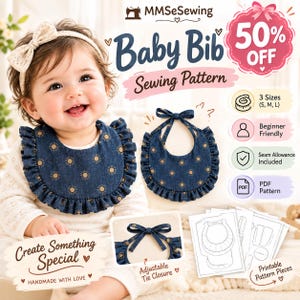 May include: A sewing pattern for a baby bib featuring a dark blue fabric with a gold sun print, a ruffled edge, and an adjustable tie closure. The pattern includes three sizes, is beginner-friendly, and provides printable PDF pattern pieces.