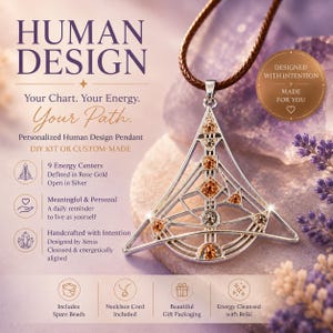 May include: A silver-toned pendant featuring a geometric Human Design chart structure with embedded rose gold-colored circular accents, suspended from a brown cord. The text reads HUMAN DESIGN, Your Chart. Your Energy. Your Path. Personalized Human Design Pendant.