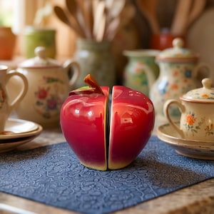 May include: A glossy red ceramic apple-shaped object split into two halves, featuring a brown stem and a small green leaf detail at the top. The surface has a smooth, reflective finish with a gradient transitioning from deep red to a lighter yellow base.