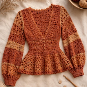 May include: A long-sleeved crochet top in shades of burnt orange and tan, featuring a deep V-neckline, a button-down front with four small wooden buttons, and a flared peplum hem. The sleeves have alternating solid and openwork crochet patterns.