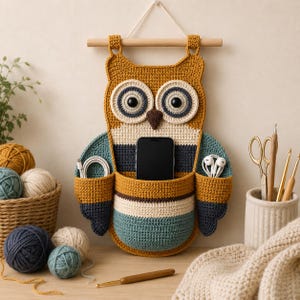 May include: A wall-hanging owl organizer made of crocheted yarn in mustard yellow, cream, dark blue, and teal. The owl features large circular eyes, a dark brown beak, and three pockets for storage, currently holding a smartphone and cables.
