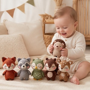 Virkmönsterpaket med skogsdjur, 6 mini-amigurumi-nyckelringar, Sleepy Forest Friends