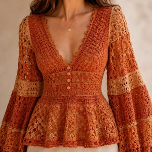 May include: A long-sleeved crochet blouse in shades of burnt orange and tan, featuring a deep V-neckline, a fitted waist, and four small wooden buttons down the center. The garment has intricate openwork patterns and voluminous sleeves.