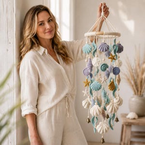 Modèle de carillon éolien au crochet (PDF), tutoriel mobile coquillage, décoration bohème côtière (téléchargement numérique)