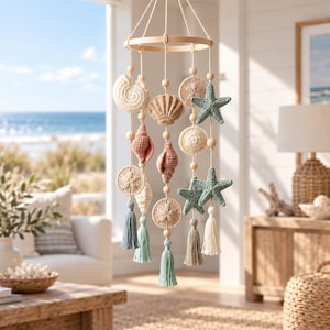 May include: A hanging mobile featuring crocheted sea-themed elements including starfish, seashells, and sand dollars in shades of beige, dusty pink, and sage green. The pieces are suspended from a circular wooden frame with light wooden beads and tassels.
