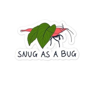 Pode incluir: Um adesivo com um camarão rosa parcialmente coberto por duas folhas verdes, com o texto SNUG AS A BUG impresso em letras maiúsculas pretas abaixo. O design tem uma borda branca e um estilo de ilustração gráfica simples e limpo.
