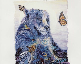 Sundance, Bear Print connects with butterflies & hummingbirds of Spirit Giclee archival ink on resin luster paper pat gullett