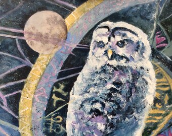 Owl Moon Alchemy Giclee Print Archival Ink Resin Luster Premium Paper Alchemy Symbols Full Moon Magic Original Art pat gullett