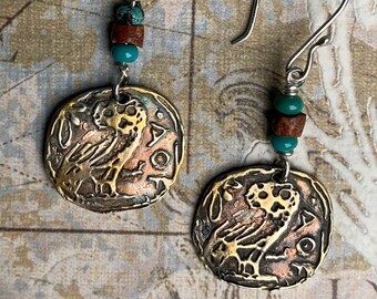 Athena Owl of Wisdom Earrings Guide Prophet sterling silver 24 K gold plate rose gold patina turquoise beads navigator pat gullett