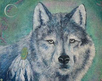 Wisdom Keeper, Wolf, Giclee Print Archival inks Fine Art Bright White Paper crescent moon turquoise Power Animal Guardian Spirit Pat Gullett