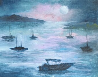 St John Moon Giclee Archival Ink Fine Art White Paper boats full moon islands pink sky cool waters memories magic pat gullett