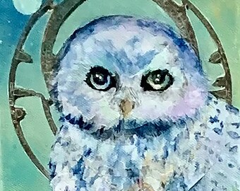 Owl Totem Giclee Print from Original Painting Wisdom, inner guide, truth, detachment,knowing when all is well, Oracle to Athena, pgullett