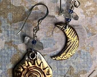 Sun & Moon Lights of the Heavens Earrings Sterling silver 24K gold plate quartz crystal nuggets antique glass brilliant hanging pat gullett