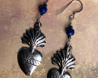 Santa Fe Hearts Earrings Genuine New Mexico Turquoise or Lapis beads, cast silver hearts, love peace soul connections pat gullett