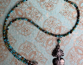 Santa Fe Antiqued Heart Milagro Necklace Dragon Skin Turquoise Faceted beads 17" long secure springring clasp 2"  patina pendant patgullett