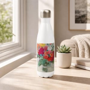 White Stainless Steel Water Bottle "Bouquet in Bloom"