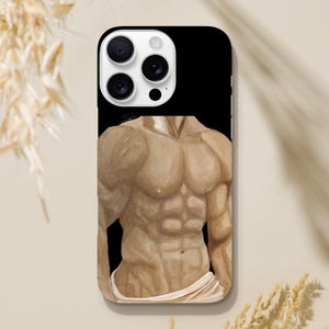 May include: A black smartphone case featuring a detailed illustration of a muscular torso with defined abdominal muscles and chest, set against a solid black background. The design includes a white fabric drape around the waist area.