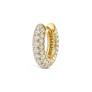 May include: A gold hoop earring featuring a thick, rounded band encrusted with multiple rows of small, clear, round-cut white diamonds. The earring has a polished gold finish and a hinged closure mechanism visible on the inner side of the hoop.