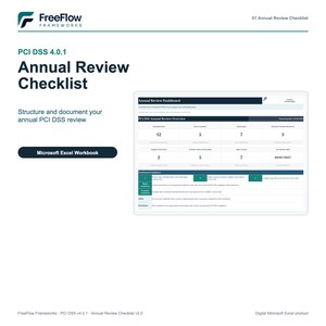 Può includere: Una cartella di lavoro digitale Microsoft Excel intitolata FreeFlow Frameworks PCI DSS 4.0.1 Annual Review Checklist. Il documento presenta una dashboard di revisione annuale con una tabella riepilogativa, dati numerici e sezioni di guida.