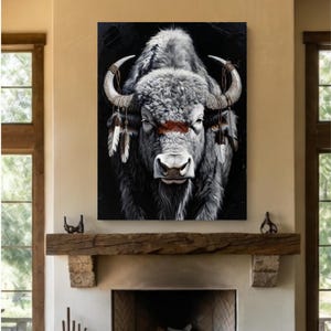 White Bison Warrior Legacy, Red War Paint Impasto, Indigenous-Inspired Frontier Art, Vertical Canvas Prin