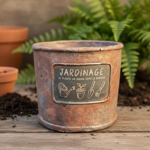 Könnte beinhalten: Ein zylindrischer, terrakottafarbener Pflanztopf mit einer verwitterten, rustikalen Oberfläche. Eine rechteckige schwarze Plakette auf der Vorderseite zeigt den weißen Text JARDINAGE, JU PLANTE UN JARDIN SEME LE BONHEUR sowie Zeichnungen von Gartengeräten.