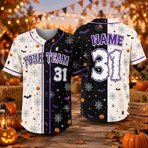 Anpassad Halloween-basebolltröja, split svartvit läskig skjorta, matchande familjeoutfit, män kvinnor barn födelsedagspresent