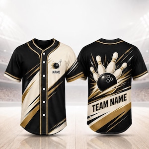 May include: A black and cream baseball jersey featuring a button-down front. The front displays a bowling ball graphic and the text NAME. The back features a large graphic of a bowling ball hitting pins with the text TEAM NAME and gold accents.