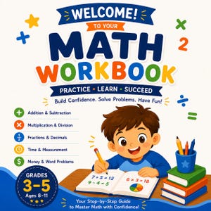 May include: A maths workbook cover featuring the text Welcome to Your Math Workbook, Practice, Learn, Succeed, and Build Confidence. Solve Problems. Have Fun! It includes a list of topics, Grades 3-5, Ages 8-11, and a child writing in a book.